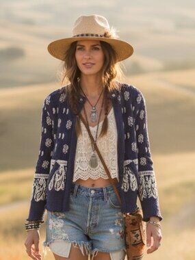 Free People Bali Mabel Printed Zip Bomber Moto Quilted Jacket Boho Chic Navy S